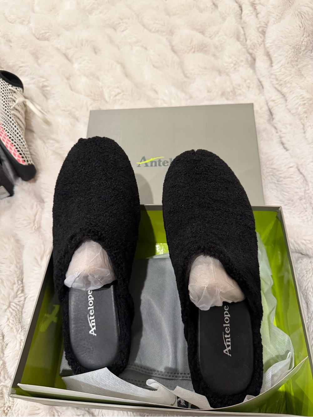 Antelope Women's Black Plush Slip-On Tabby wedge